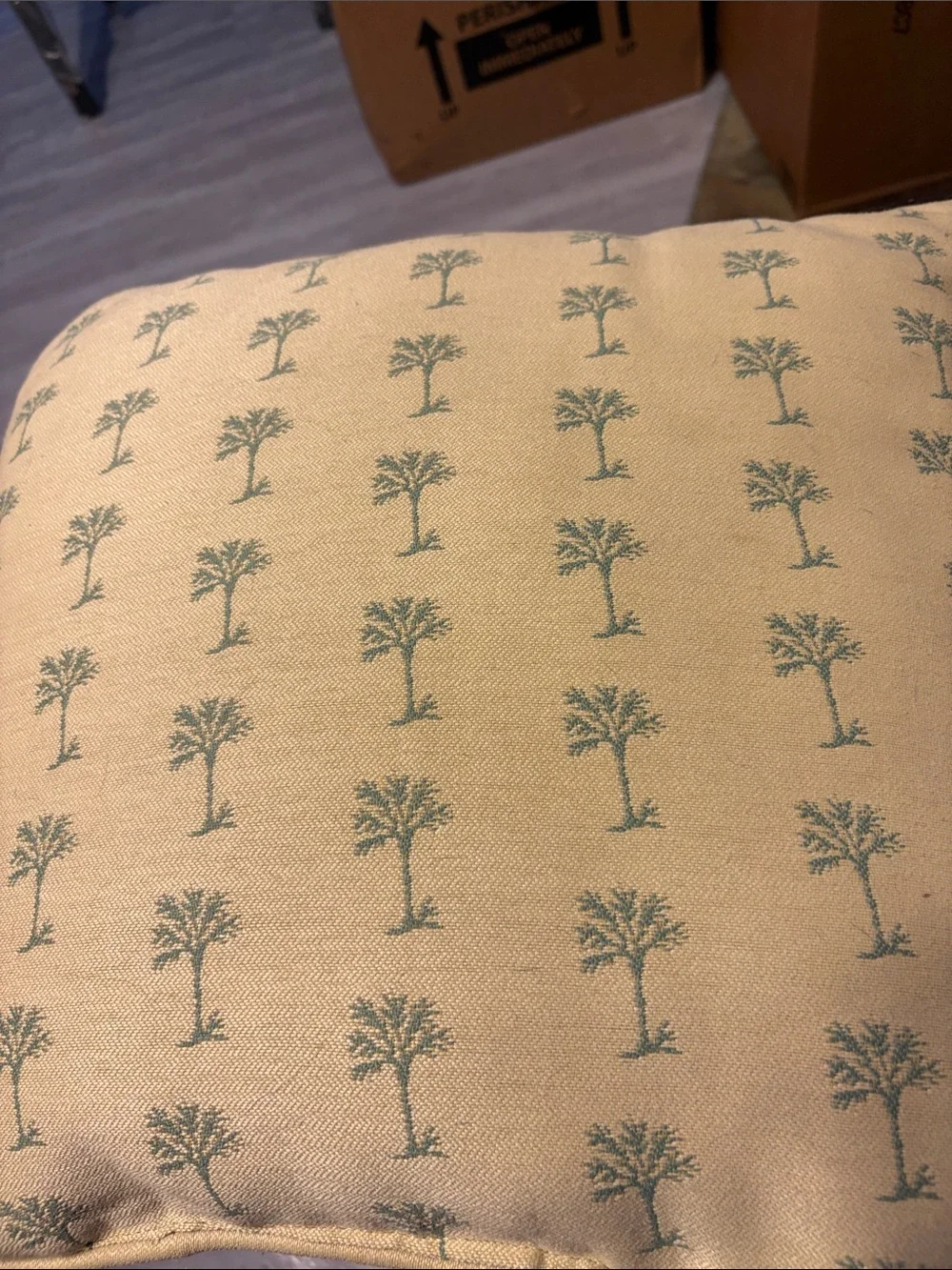 Palm Tree Pattern Accent Pillow - Cream with Light Teal Trees